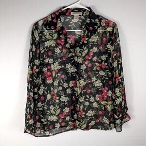 Notations Small Sheer Floral Button Blouse Black Cherry Daisy Lightweight Top